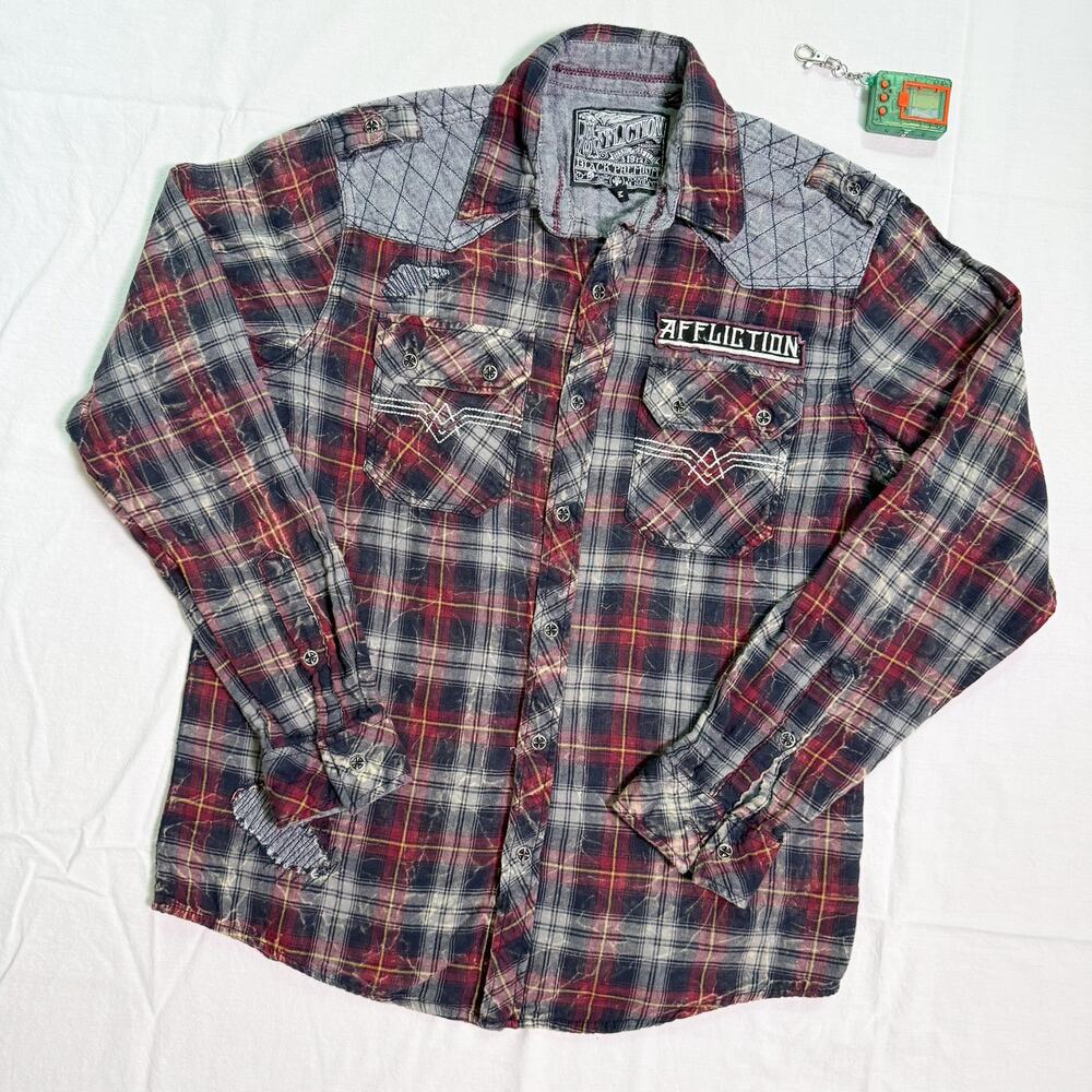 Affliction Black Premium Grunge Biker Plaid Shirt - M